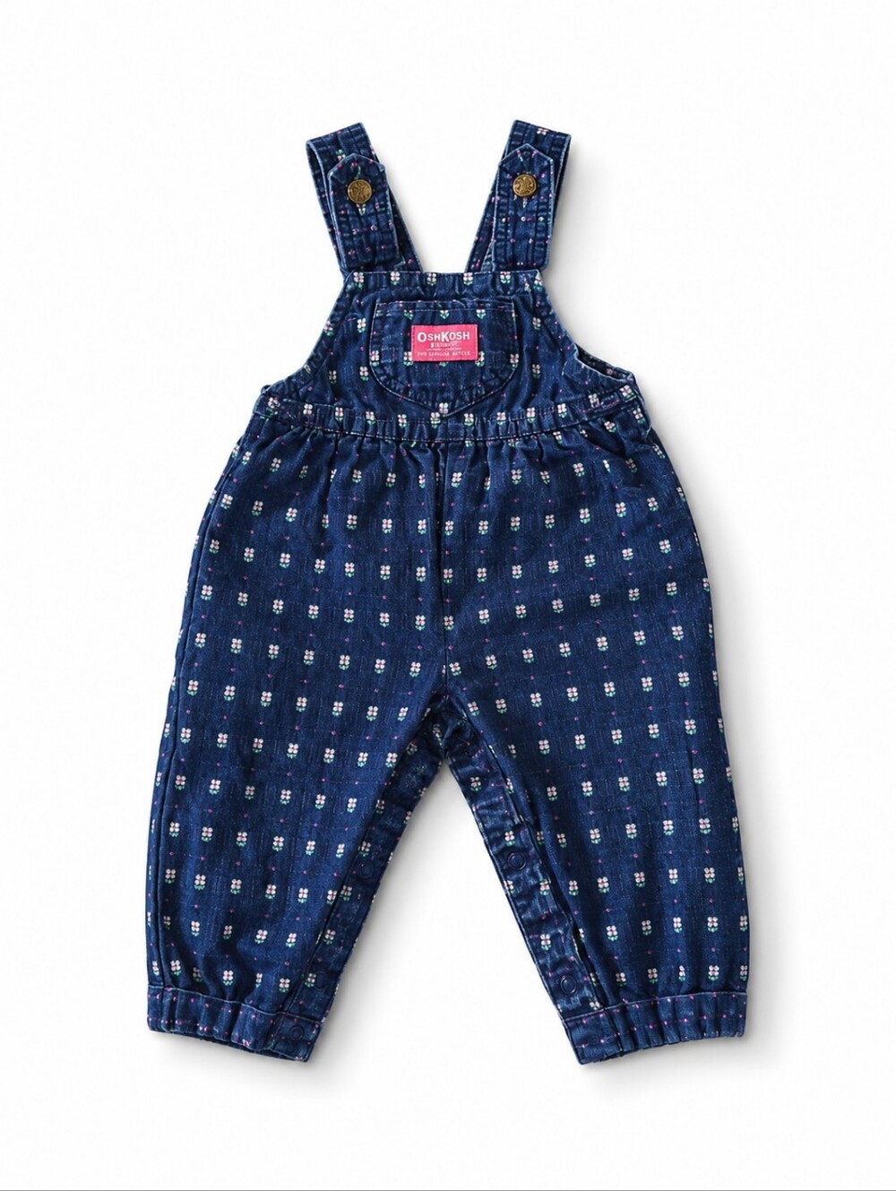 VTG Osh Kosh B'gosh Blue And Pink Floral Dot-Pattern Bow Denim Overalls